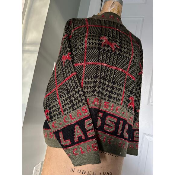 Vintage Knit Sweater green CLASSIC horse plaid Equestrian 80s - Picture 11 of 16